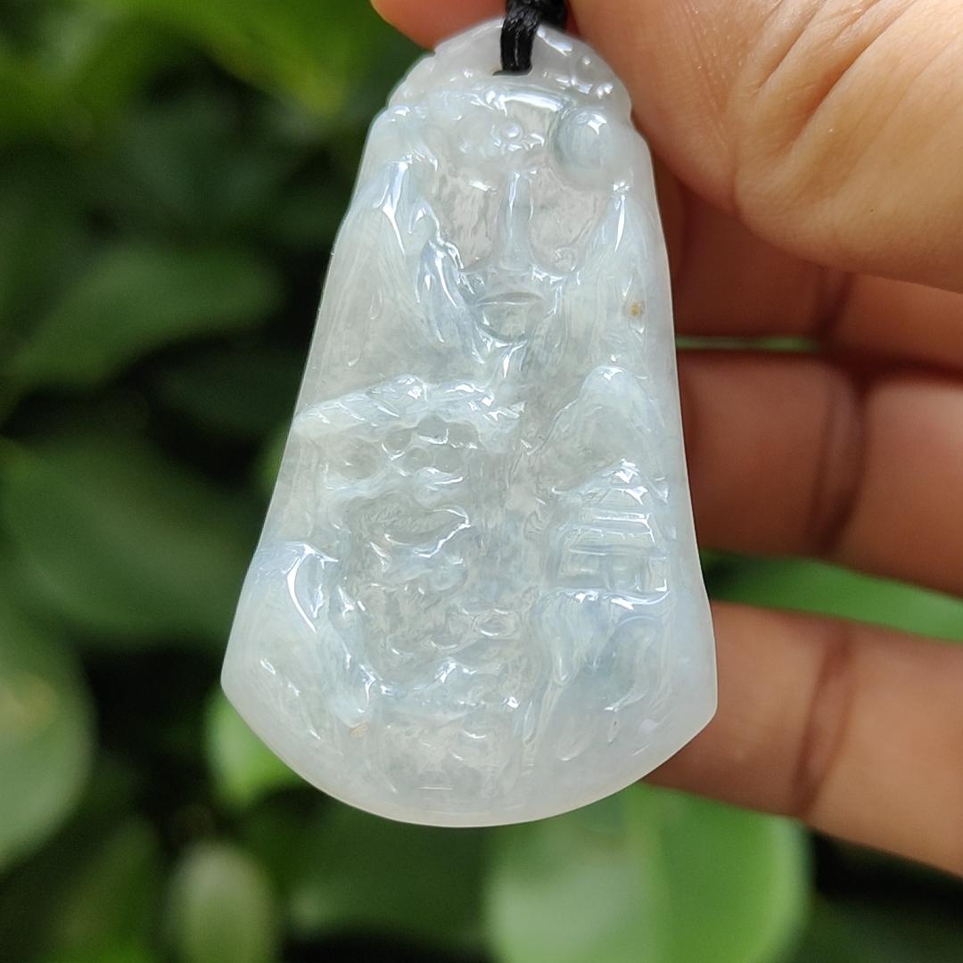 Latest Added SG Seller - Crafted as Scenery on Natural Type A Jadeite Jade, White with Light Green Hue as Pendant, certificate weighs 11.07 grams, measurement 48.3 * 27.9 * 4.8 mm (pendant331) Yi Pin Qian Jadeites Jade Jewelry ~Your Precious Quintessential ~ Singapore