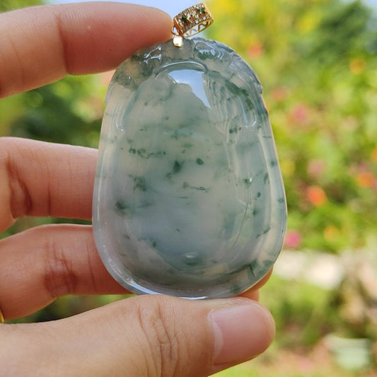 Double Dragon Floating Green Flower clouds 18k gold Natural Type A Jadeite pendant with NGI Gemstone report carved as wu shi pai weight 34.82 grams , 53.06 * 38.86 * 9.37 mm , Translucent Very Fine Grain with patches of bluish green (18kp3) Yi Pin Qian