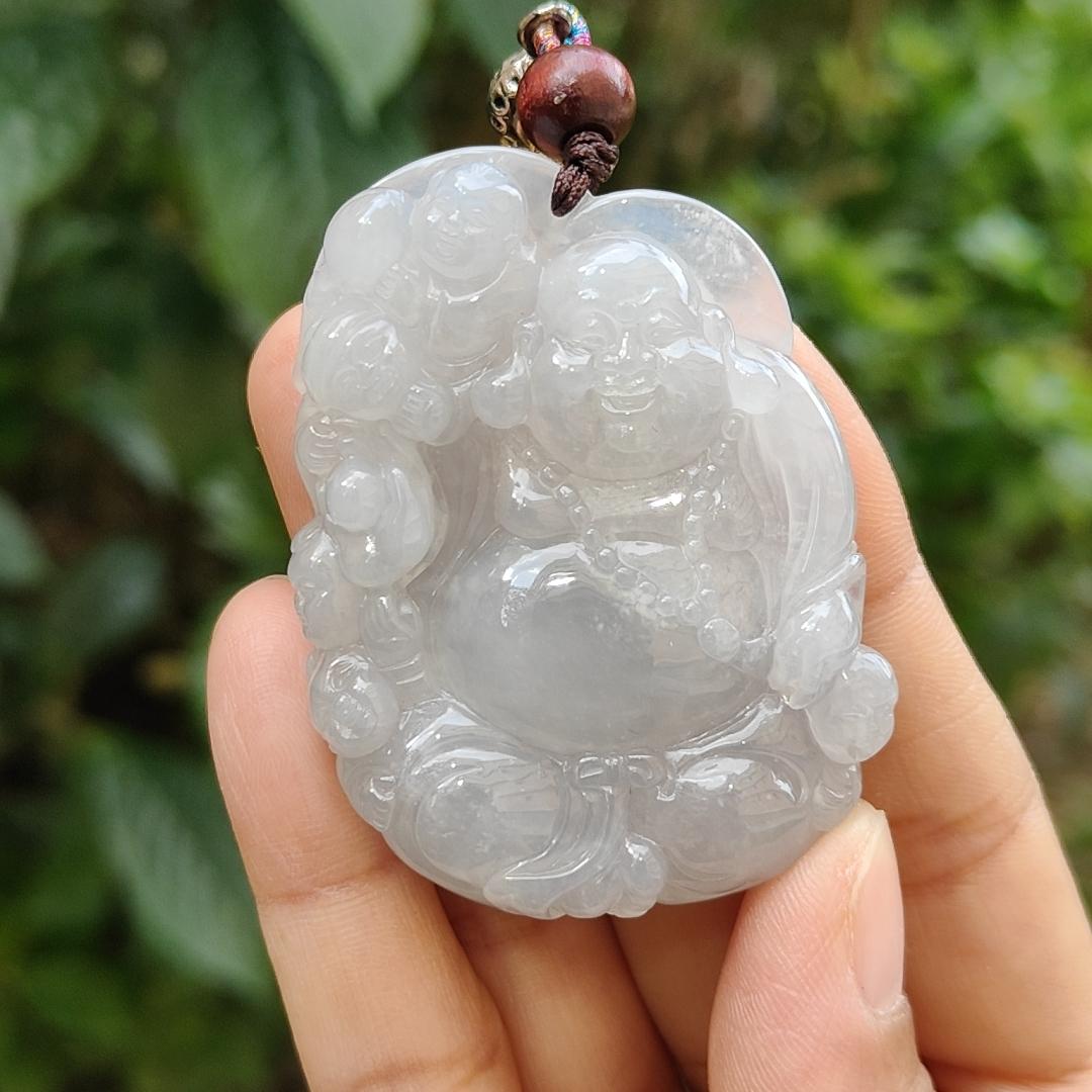 Semi Icy Translucent Natural Type A Jadeite Pendant Necklace Crafted with Milo Buddha with symbols of Be tolerant, smile often, be tolerant and happy, certificate included weigh 45 grams, 54 * 40.5 * 12.3 mm, suitable for daily wear,collection (pendant46) Yi Pin Qian