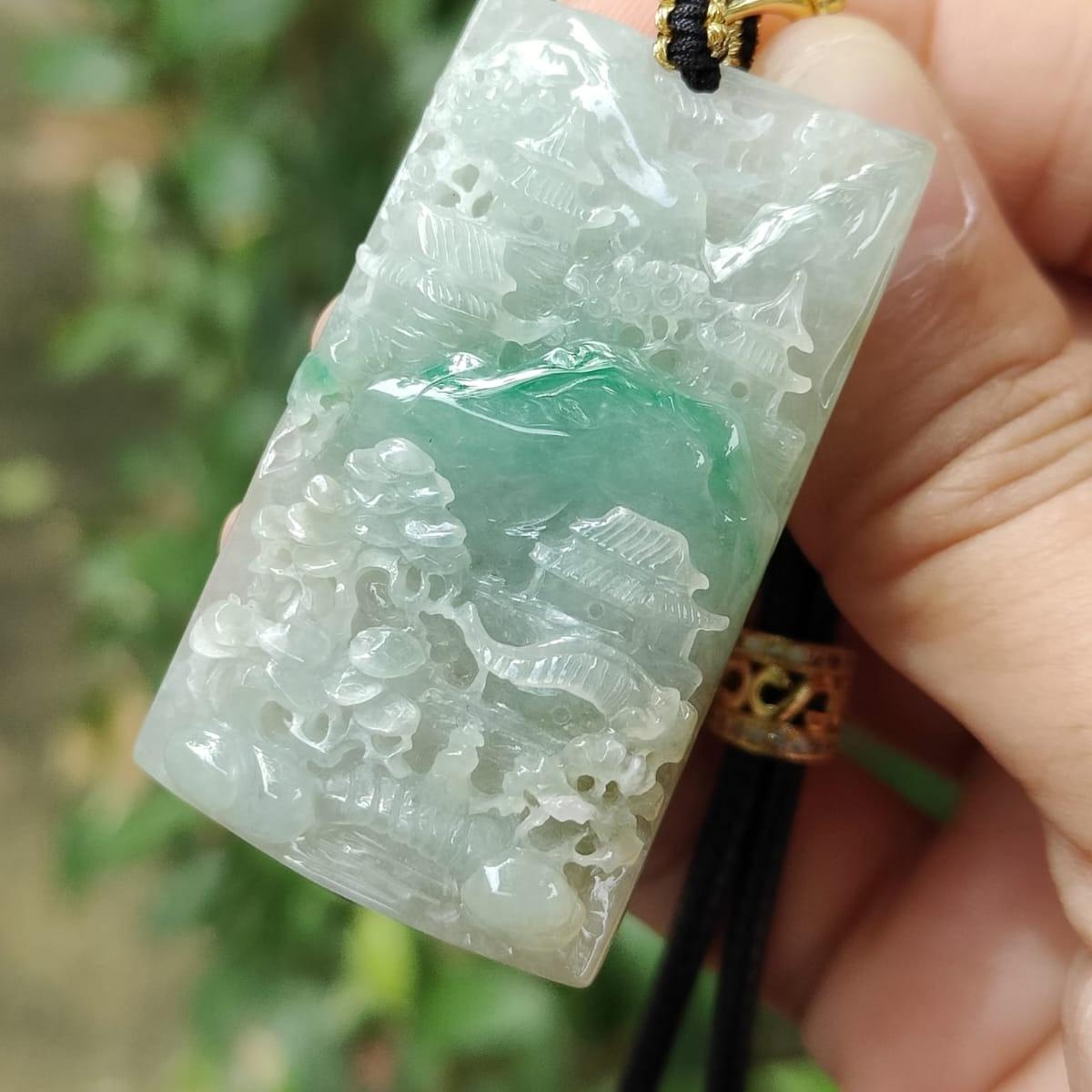 Latest arrival SG Local Seller crafted as sceneries Pendant Light green Hue, Green and white Natural Type A Jadeite Jade, certificate weighs 21.24 grams, measurement 47 * 26.9 * 7.5 mm (pendant353) Yi Pin Qian Jadeites Jade Jewelry ~Your Precious Quintessential ~ Singapore