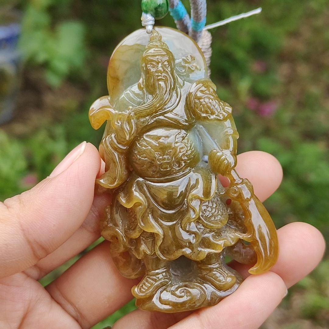 Special Sales - Very Rare Brown and Light Green Natural Type A Jadeite Jade crafted with Guan Gong as Pendant with certificate weigh 66.01 grams, measurement 70 * 43.7 * 18 mm (pendant228) Yi Pin Qian