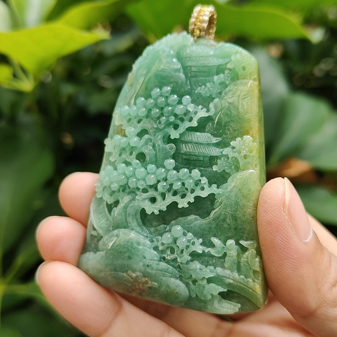 Big Jadeite-Jade, Green with Brown Natural Type A crafted with Sceneries as Pendant, Good for Fengshui, certificate weighs 76.47 grams, measurement 67.6 * 50 * 10.8 mm (pendant305) Yi Pin Qian Jadeites Jade Jewelry ~Your Precious Quintessential ~ Singapore