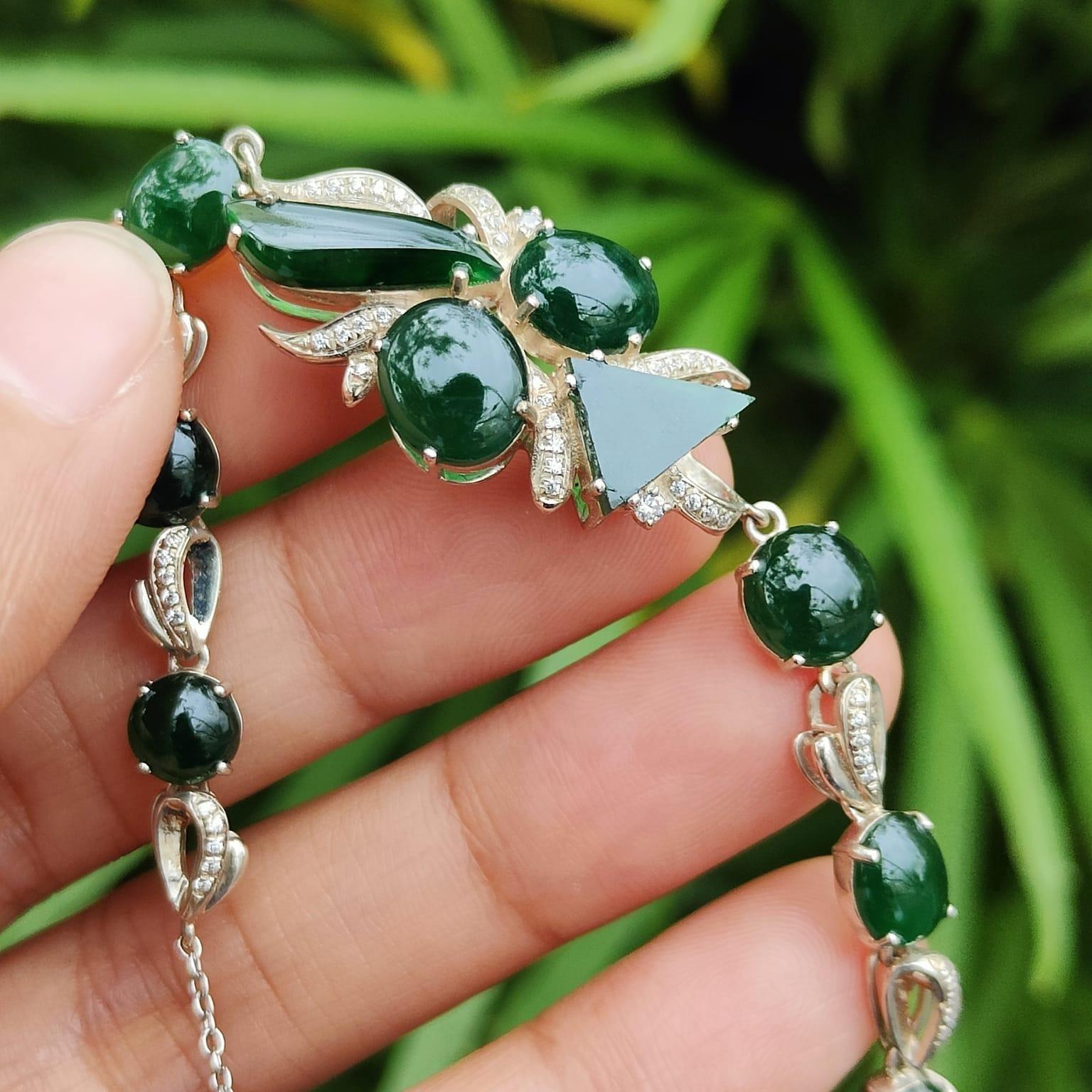 10 Dark Green Multi Shapes Cabochons crafted on Natural Type A Jadeite Jade set with High quality S925 as Bracelet, certificate weighs 7.66 grams (s925b6) Yi Pin Qian Jadeites Jade Jewelry ~Your Precious Quintessential ~ Singapore