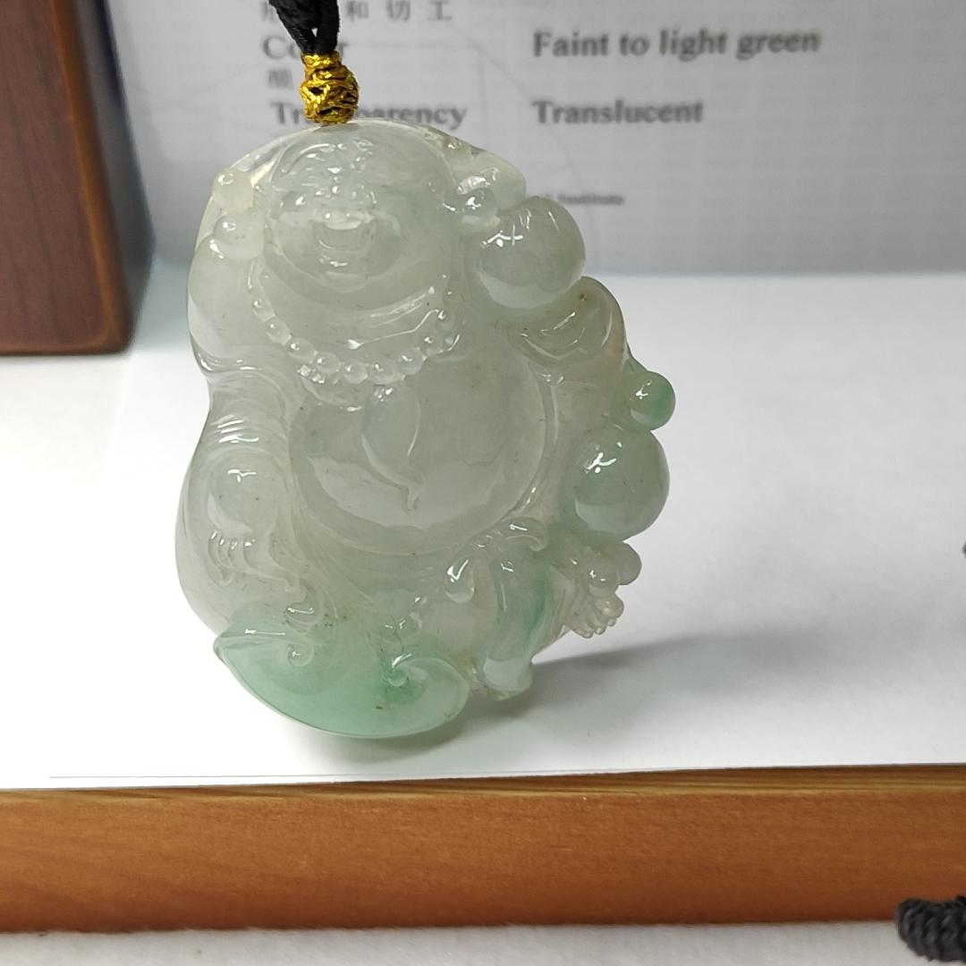 Natural Type A Jadeite Jewellery Pendant carved as Milo Buddha with Ruyi with Gemstone report from NGI weighs at 218.34 grams , 53.35 * 42.19 * 12.02 mm , Translucent with faint to light green with good translucency premium quality pendant (pendant156) Yi Pin Qian