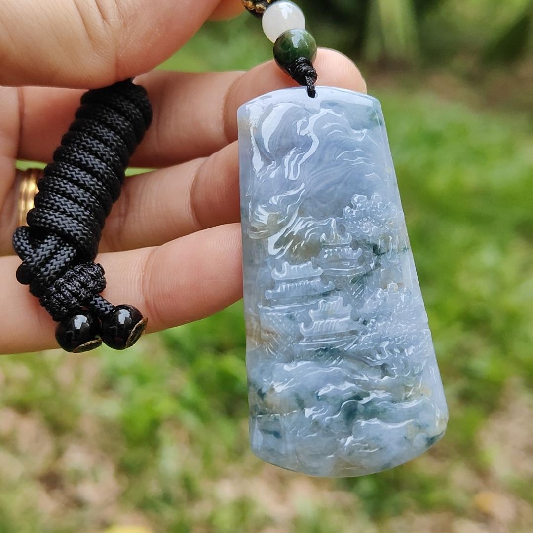 Unique Lavender Natural Type A Jadeite Pendant carved with scene come with certificate weight 19.55 grams, 53.80 *27.50 * 5.50 mmm, suitable for daily wear (pendant121) Yi Pin Qian