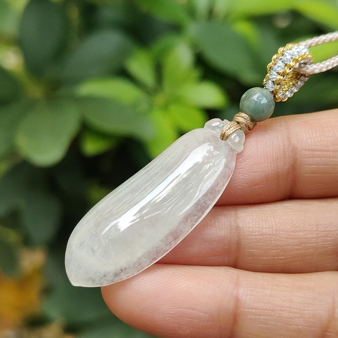 Icy Translucent Natural Burmese Jadeite Jade Crafted as Fuku Melon Pendant with light green hue, certificate weighs 4.82 grams, measurement 36.9 * 13.8 * 5.6 mm (pendant316) Yi Pin Qian Jadeites Jade Jewelry ~Your Precious Quintessential ~ Singapore