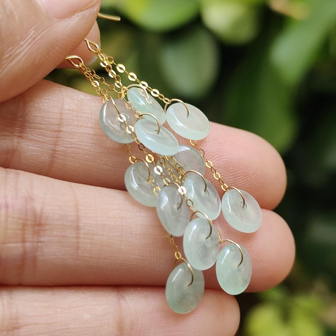 Pair of Hook Earrings set with 18k Gold on 12 Dounut shape Natural Type A Jadeite Jade, certificate weighs 2.84 grams measurement 7 * 2mm (18k04) Yi Pin Qian Jadeites Jade Jewelry ~Your Precious Quintessential ~ Singapore