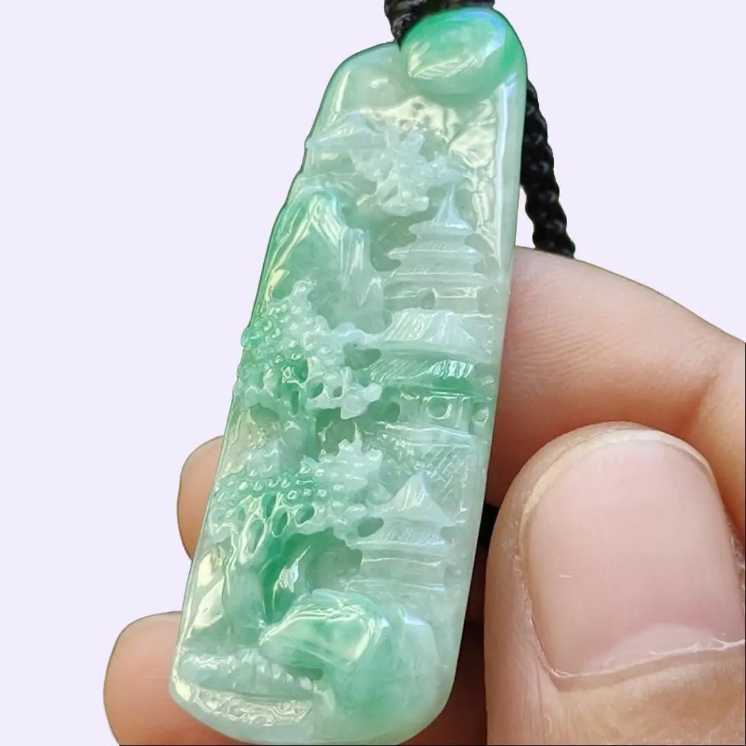 Beautiful Pendant crafted with scenery on Natural Type A Jadeite Jade certificate weigh 7.06 grams, measurement 44.2 * 16.1 * 5.3 mm (pendant383) Yi Pin Qian Jadeites Jade Jewelry ~Your Precious Quintessential ~ Singapore
