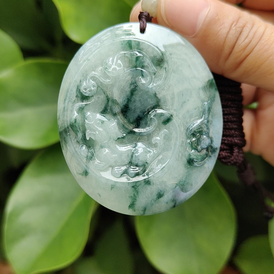 A High-Quality Type-A Natural Jadeite-Jade crafted with Pixiu, Coins, Gourd as Pendant with certificate weighs 36.46 grams, measurement 53.9 * 46.2 * 7.5 mm (pendant300) Yi Pin Qian Jadeites Jade Jewelry ~Your Precious Quintessential ~ Singapore