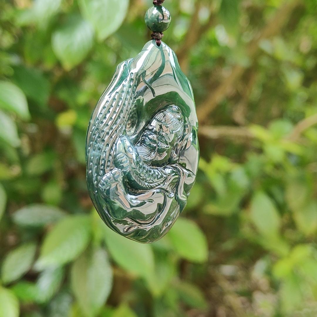 Carved as the fisherman benefits rare green Natural Type A Jadeite with certificate QIC approved labs pendant weight 53.87 grams, 54.6 * 38.2 * 12.7 mm Yi Pin Qian