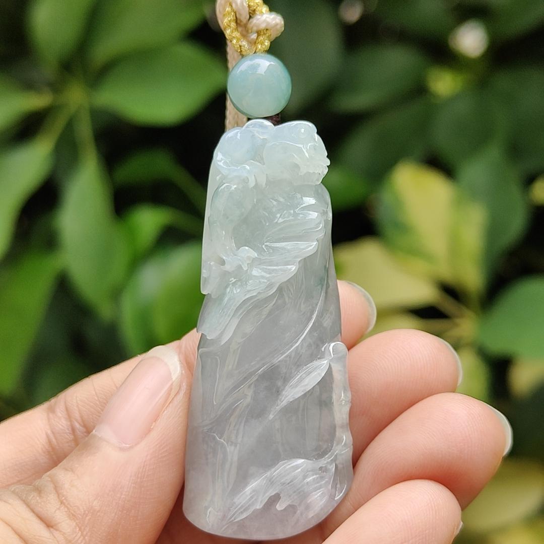 A Bamboo with Pixiu Crafted on Light Green Hue with Light Lavender Natural Type A Burmese Jadeite Jewellery certificate weighs 23.91 grams, measurement 50.3 * 20.6 * 12.8 mm (pendant 318) Yi Pin Qian Jadeites Jade Jewelry ~Your Precious Quintessential ~ Singapore