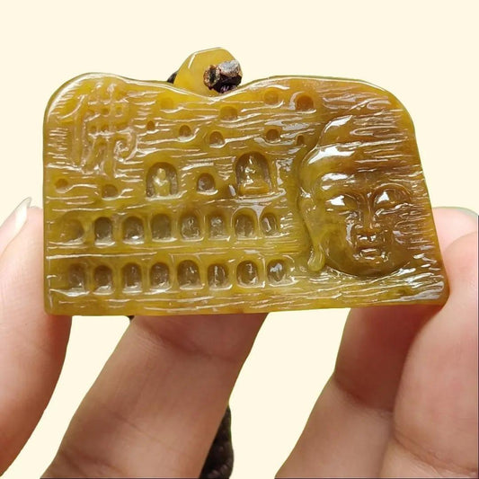 Special Price - Unique Rare Crafted with Mogao Caves on Brown Natural Type A Jadeite Jade as Pendant, certificate weighs 23.9 grams, measurement 23.1 * 41.5 * 13 mm (pendant287) Yi Pin Qian