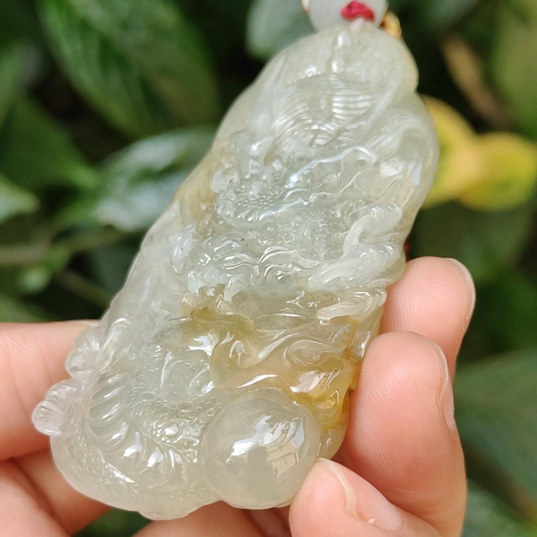 Premium Quality Yellow Natural Type A Jadeite Jade crafted with Dragon as Pendant, certificate weighs 53.72 grams, measurement 67.3 * 37.5 * 12.9 mm (pendant240) Yi Pin Qian