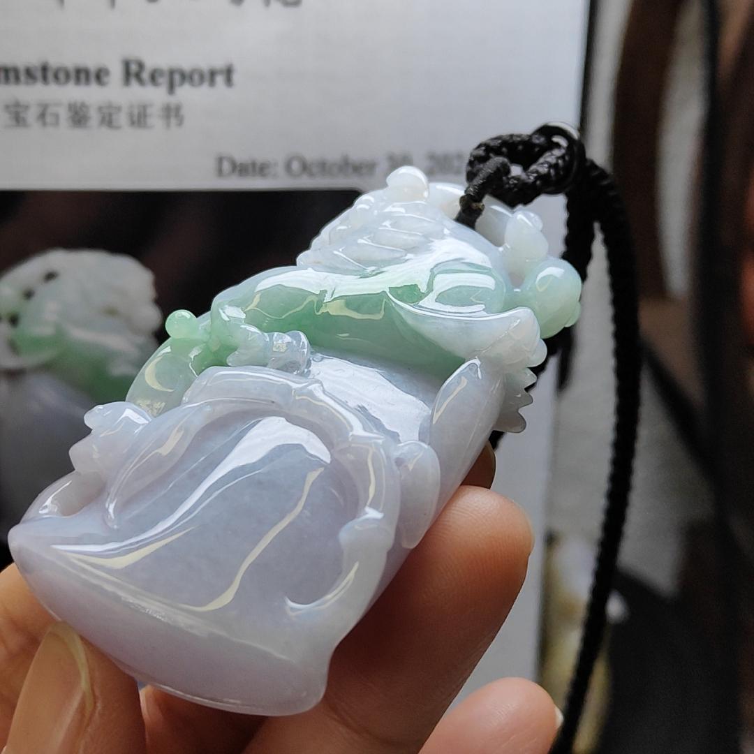 Dual Tone Bamboo with Kirin Natural Type A Jadeite Pendant with Gemstone report from NGI weighs at 253.32 grams , 60.70 * 33.75 * 12.81 mm , Translucent light lavender with light green patches pendant for your collections (pendant149) Yi Pin Qian