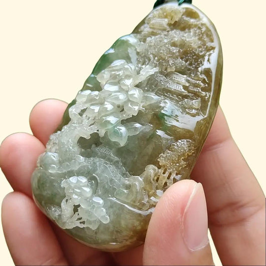 Hugh, Rare, High-Quality Brown with Light Green Natural Type A Jadeite Jade crafted with Sceneries as Pendant, certificate weighs 67.2 * 43.3 * 19.3 mm (pendant266) Yi Pin Qian