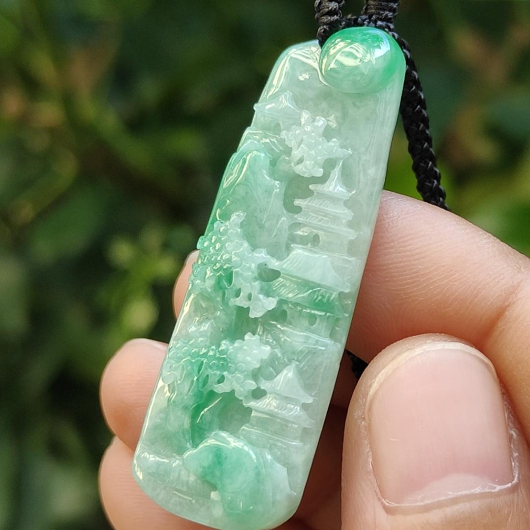 Beautiful Pendant crafted with scenery on Natural Type A Jadeite Jade certificate weigh 7.06 grams, measurement 44.2 * 16.1 * 5.3 mm (pendant383) Yi Pin Qian Jadeites Jade Jewelry ~Your Precious Quintessential ~ Singapore