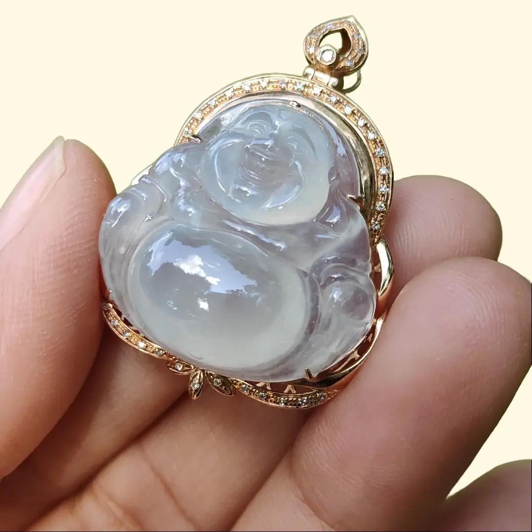 Premium Quality Icy Translucent Natural Type A Jadeite Jade crafted with Milo Buddha Set on 18k Gold as Pendant, certificate weighs 6.48 grams, measurement 34.1 * 26 * 11.6 mm (18kp61) Yi Pin Qian