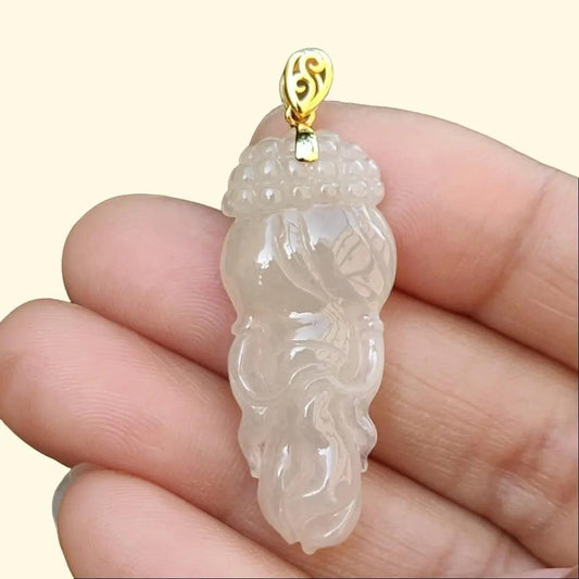 Yellow Icy Translucent Natural Type A Jadeite Jade crafted with shape of Ginseng as Pendant set with 18k gold clasp, certificate weighs 4.85 grams (18kp39) Yi Pin Qian
