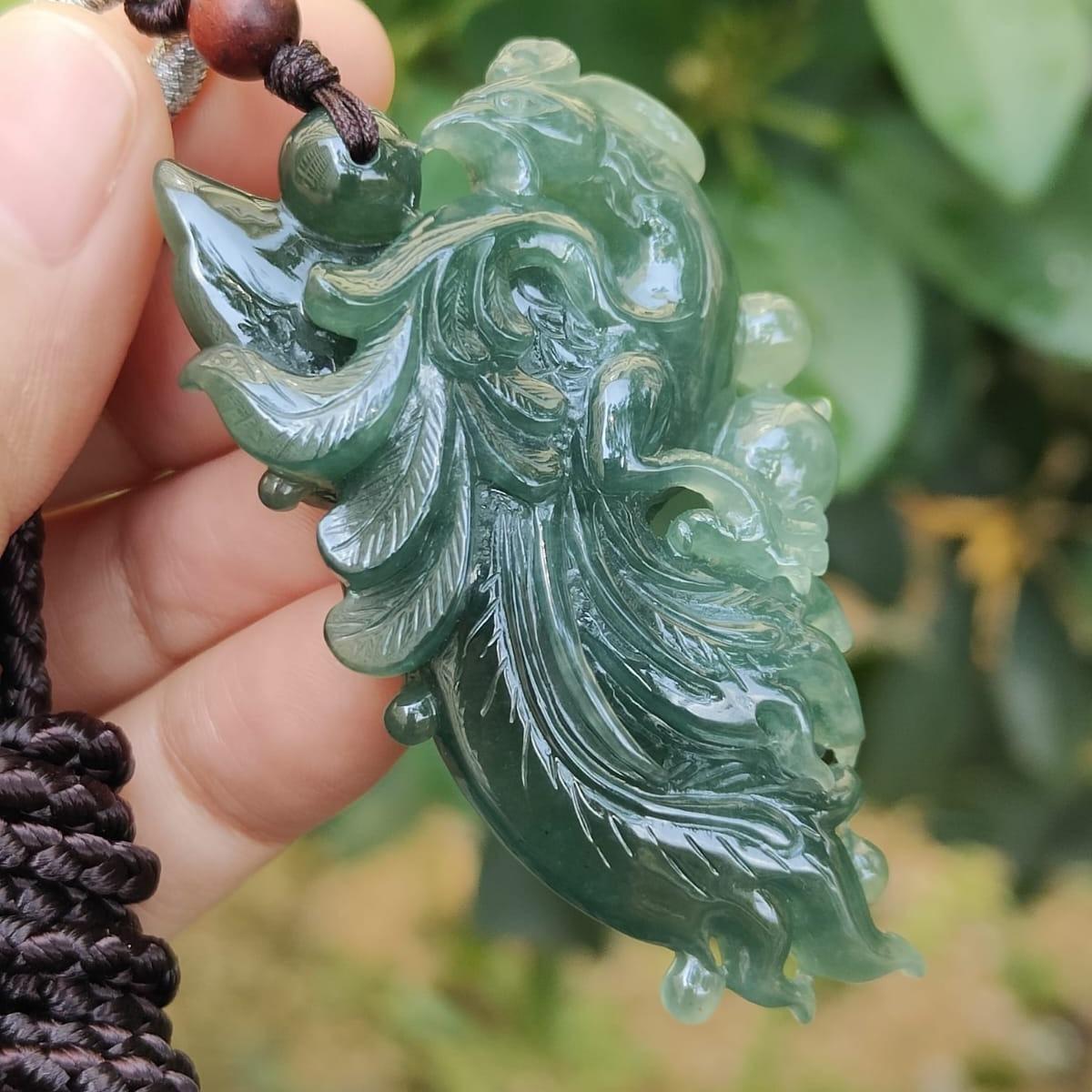 Green High Quality Natural Type A Jadeite Jade New arrival crafted as Phoenix, Pendant, certificate weighs 32.81 grams, measurement 58.6 * 34.5 * 12.3 mm (pendant326) Yi Pin Qian Jadeites Jade Jewelry ~Your Precious Quintessential ~ Singapore