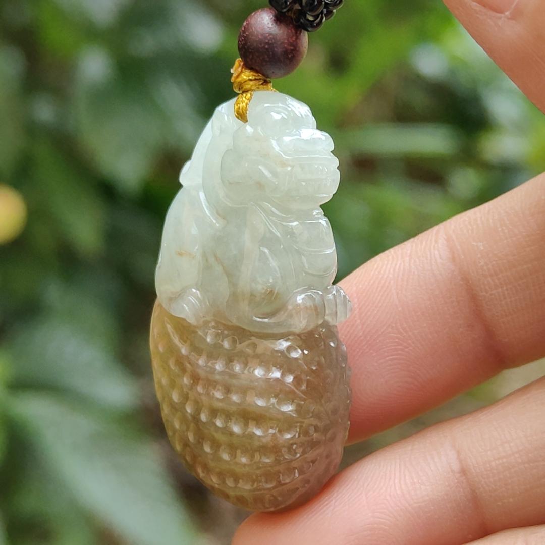 Quality Yellow with Light Green Hue Natural Type A Jadeite Jade crafted with Lion as Pendant, certificate weighs 17.82 grams, measurement 38 * 24 * 11.6 mm (pendant241) Yi Pin Qian