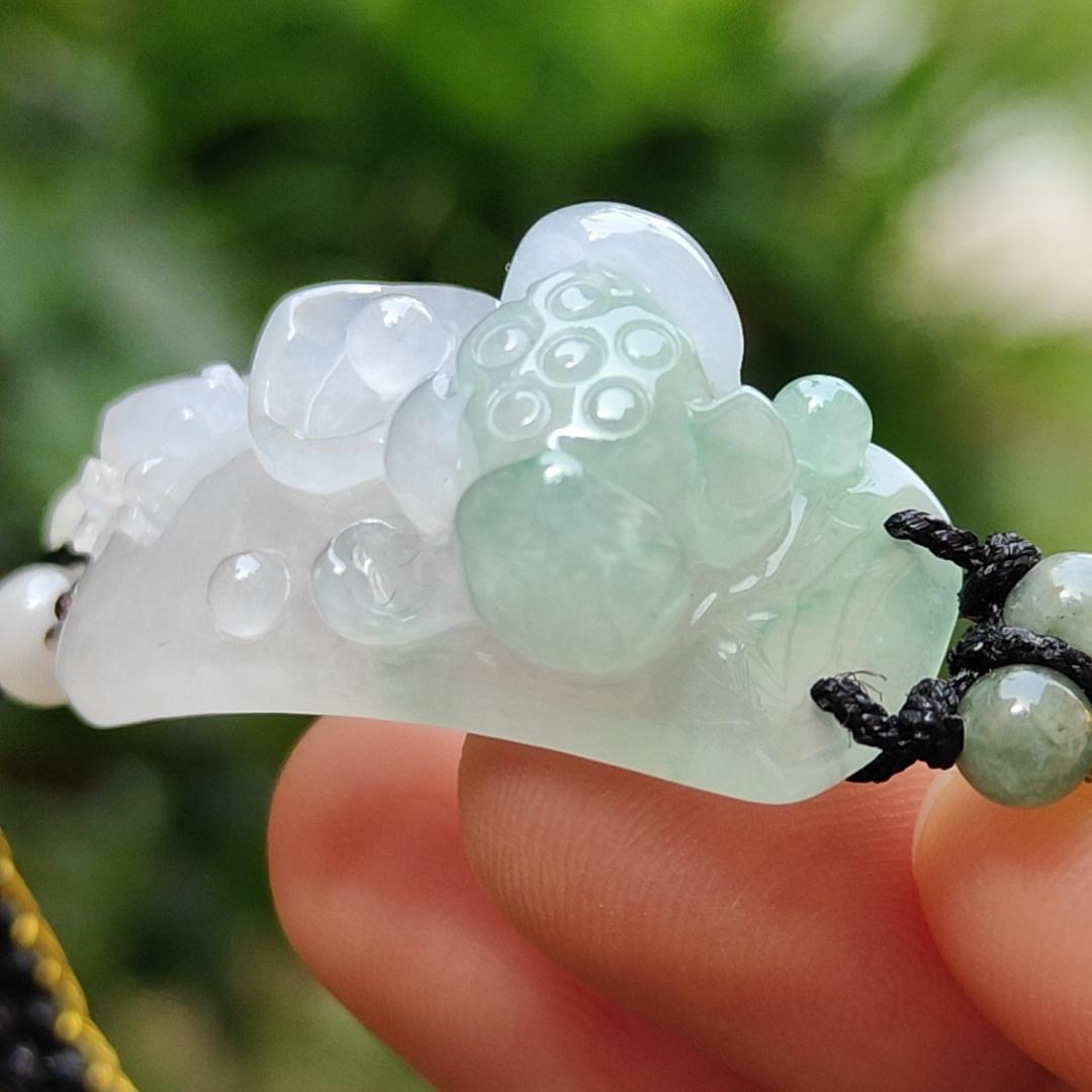 Light Green Natural Type A Jadeite Jade crafted with frog and Lotus as bracelet, certificate weigh 9.98 grams, measurement 33.9 * 14.1 * 12.3, (bracelet23) Yi Pin Qian