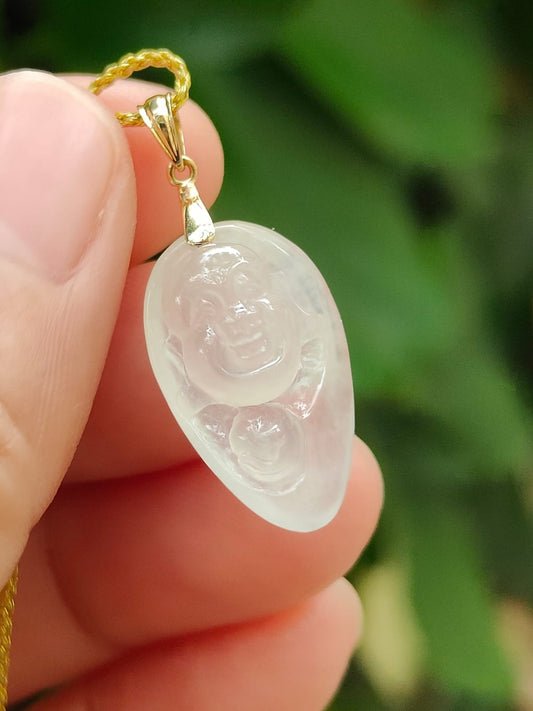 Icy Translucent Milo Buddha Pendant – 🪄Natural Type A Jadeite🪄, 18K Gold Clasp, Symbol of Joy & Abundance (18kp106) Yi Pin Qian Jadeites Jade Jewelry ~Your Precious Quintessential ~ Singapore