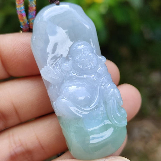 Lavender and Green Natural Type A Jadeite Pendant crafted with Milo Buddha represent Compassionate, tolerant, optimistic and open-minded with certificate weight 29.40 grams, 50.80 * 20.80 * 13.60 mm suitable for daily wear (pendant108) Yi Pin Qian
