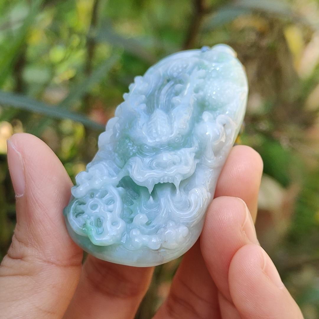 Blueish Green Natural Type A Jadeite Pendant Necklace crafted with Dragon and Fengshui Wheel, with QIC approved certificate weigh 39.57 grams, 58 * 29.8 * 12.6 mm, suitable for daily wear (pendant61) Yi Pin Qian