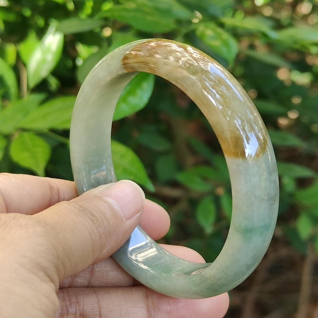 53.5 mm Light Green with Brown Patch Quality Burma Natural Type A Jadeite Jade crafted as Peace Bangle, certificate weighs 50.76 grams, Width: 13 mm Thickness: 7.6 mm (bangle16) Yi Pin Qian Jadeites Jade Jewelry ~Your Precious Quintessential ~ Singapore