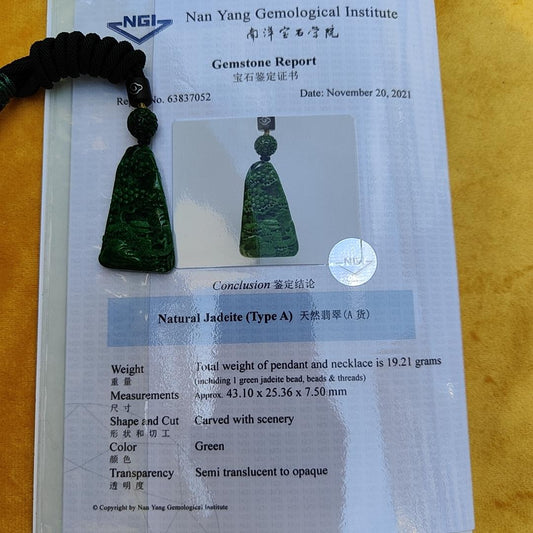 Dark Green Natural Type A Jadeite carved with scenery pendant with NGI Gemstone report weight 19.21 grams , 43.10 * 25.36 * 7.50 mm , Semi Translucent to opaque fine grain crystal aggregate - Good for daily wear pendant (pendant152) Yi Pin Qian