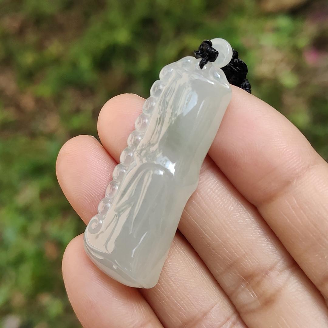 Special Offer Price Semi Icy Bamboo Natural Type A Jadeite Pendant Necklace with QIC approved labs certificate weigh 13.67 grams, 44.3 * 16 * 8.7 mm, symbols of Rising higher and everlasting, suitable for daily wear (pendant53) Yi Pin Qian