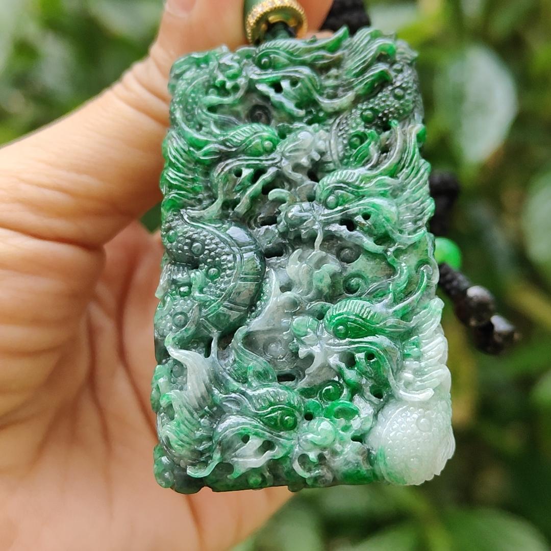 Lots of Green with Wuji carved as nine dragons Natural Type A Jadeite pendant with certificate weight 45.16 grams, 60.30 * 35.30 * 9.90 mm suitable for daily wear (pendant120) Yi Pin Qian