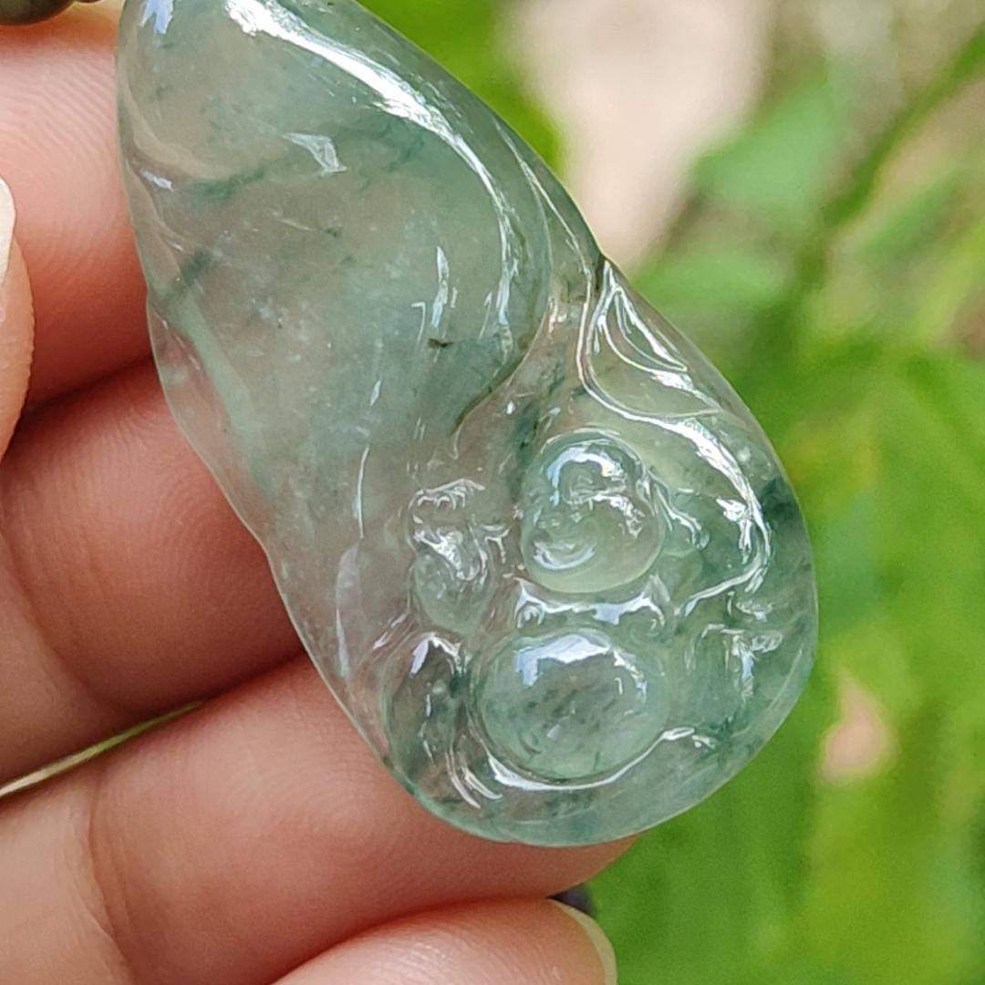 An Old Collection Crafted with Milo Buddha on Natural Type A Jadeite Jade as Pendant, certificate weighs 5.6 grams, measurement 36.5 * 18.2 * 4.7 mm (pendant361) Yi Pin Qian Jadeites Jade Jewelry ~Your Precious Quintessential ~ Singapore