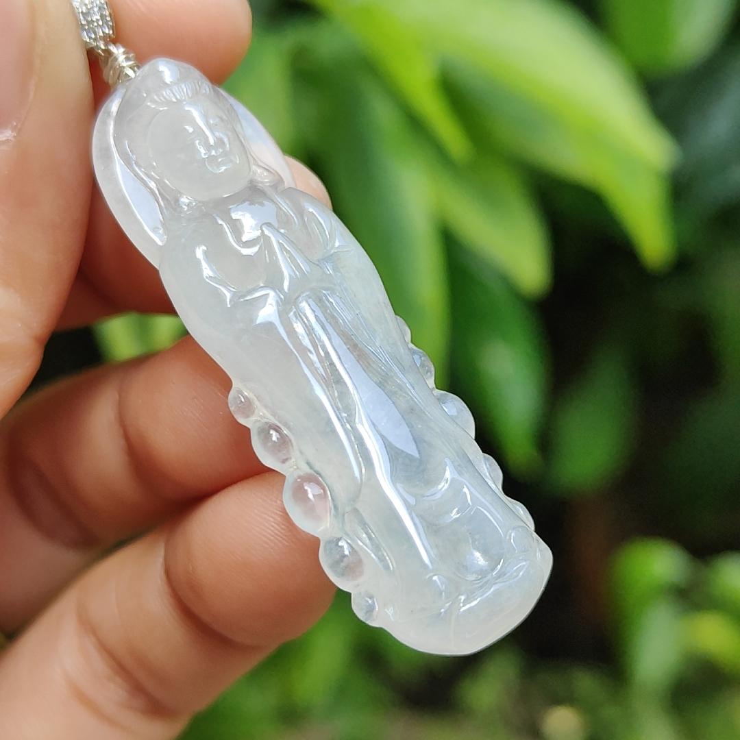 High Quality Icy Translucent Natural Type A Jadeite Jade crafted as Standing Guanyin, S925 clasp added as Pendant, certificate weighs 7.79 grams, measurement 45.7 * 14.8 * 6.3 mm (pendant269) Yi Pin Qian
