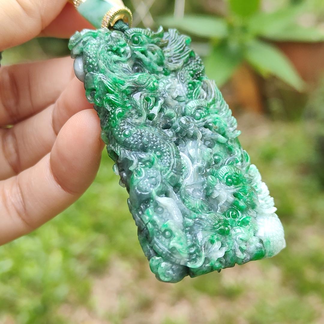 Lots of Green with Wuji carved as nine dragons Natural Type A Jadeite pendant with certificate weight 45.16 grams, 60.30 * 35.30 * 9.90 mm suitable for daily wear (pendant120) Yi Pin Qian
