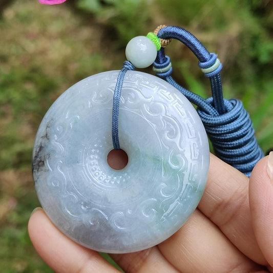 Hugh Natural Type A Jadeite Pendant Crafted as Dounut with beautiful archaize style with floating green and some wuji with Purple Hue, QIC Labs approved cert weigh 71.13 grams, 54.3 * 54.3 * 12.2 mm, symbols of Everything is going well (pendant64) Yi Pin Qian