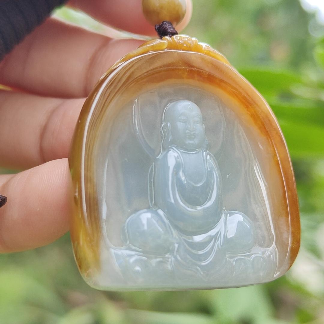 Rare old yellow Natural type A jadeite pendant with certificate carved as buddha seating on lotus weight 26.99 grams, 38.20 * 34.20 * 8.80 mm suitable for daily wear (pendant122) Yi Pin Qian