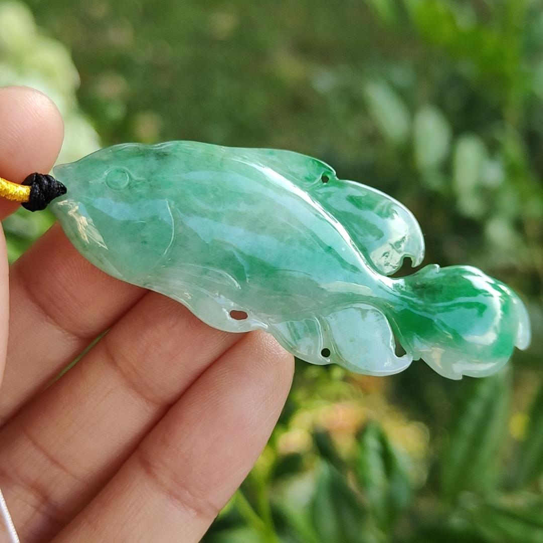 A (Type) Natural Jadeite Jade Light Green with Green crafted as Fish pendant [Collection], certificate weighs 8.69 grams, measurement 59 * 23.6 * 4.6 mm (pendant299) Yi Pin Qian Jadeites Jade Jewelry ~Your Precious Quintessential ~ Singapore