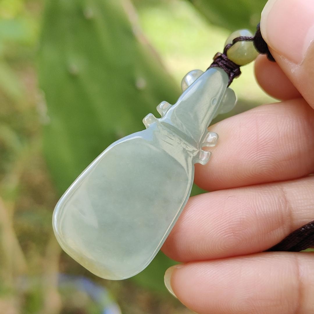 Semi Icy Rare Yellow and Green Natural Type A Jadeite Jade crafted as Ruyi musical instrument pipa as Pendant with certificate weigh 9.08 grams, measurement 45.3 * 18.7 * 6.6 mm (pendant226) Yi Pin Qian