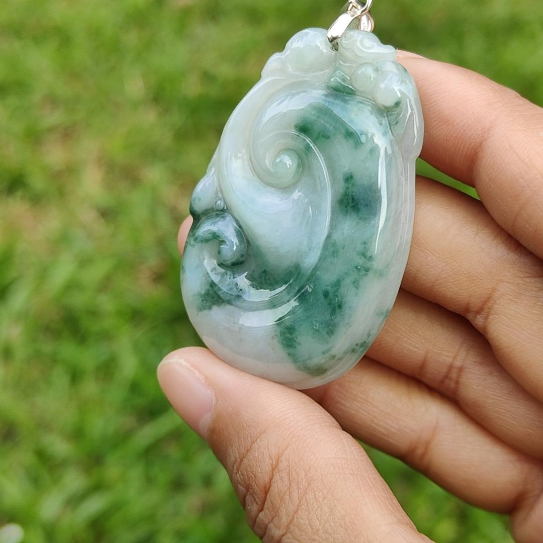 Special Offer, Green with Light Green Floating Flower (Piaohua) Natural Type A Jadeite Pendant Necklace crafted with Bat on Ruyi with certificate weigh 17.71 grams, 51.6 * 34.5 * 6 mm sysmbols of Happiness, auspiciousness (pendant103) Yi Pin Qian