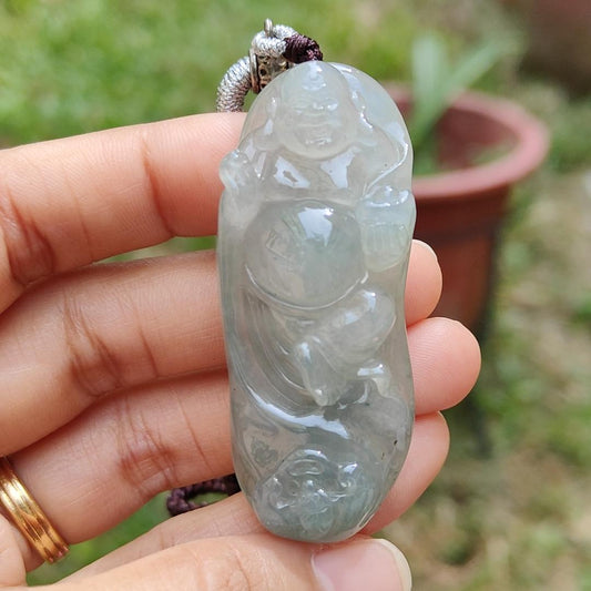Premium Rare Semi Icy Natural Type A Jadeite Jade crafted with Milo Buddha as Pendant Necklace with certificate weigh 30.56 grams, measurement 56 * 23 * 12.8 (pendant207) Yi Pin Qian