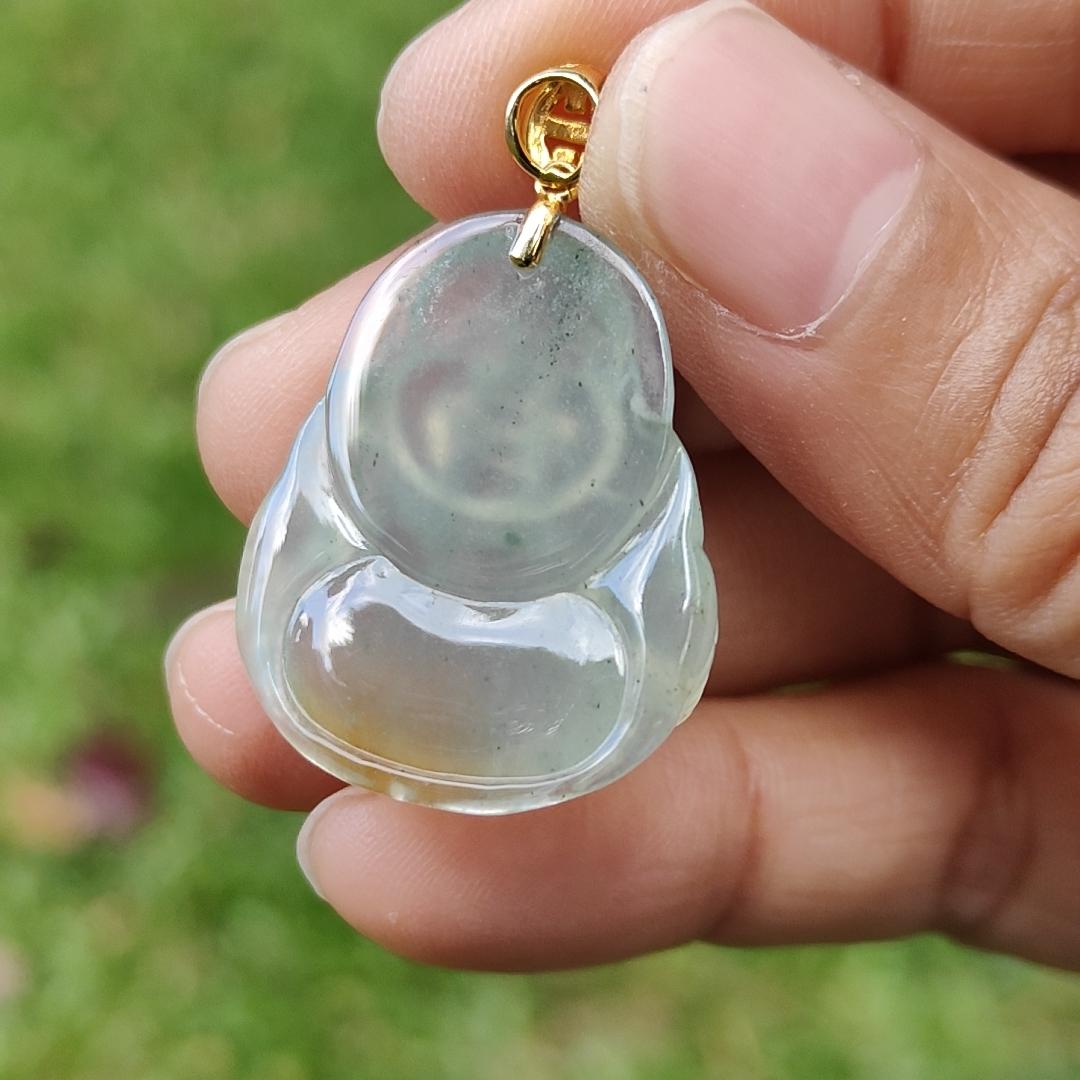Rare Old Pit Icy Translucent with Yellow and Light Green Hue Collectible Natural Type A Jadeite Jade crafted as Milo Buddha added with 18k Gold Clasp as Pendant, certificate weighs 6.09 grams, measurement 26.8 * 23.2 * 6 mm (18kp63) Yi Pin Qian Jadeites Jade Jewelry ~Your Precious Quintessential ~ Singapore