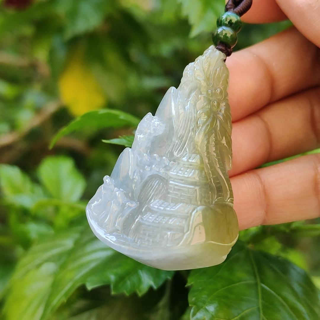 Very Unique and Rare Light Purple with Yellow Natural Type A Jadeite Pendant Crafted with waterfall, moutain, houses and coconut trees, symbols of money, power of life, Extend upwards with certificate weigh 31.55 grams, 49 * 32.3 * 13.5 mm, (pendant70) Yi Pin Qian