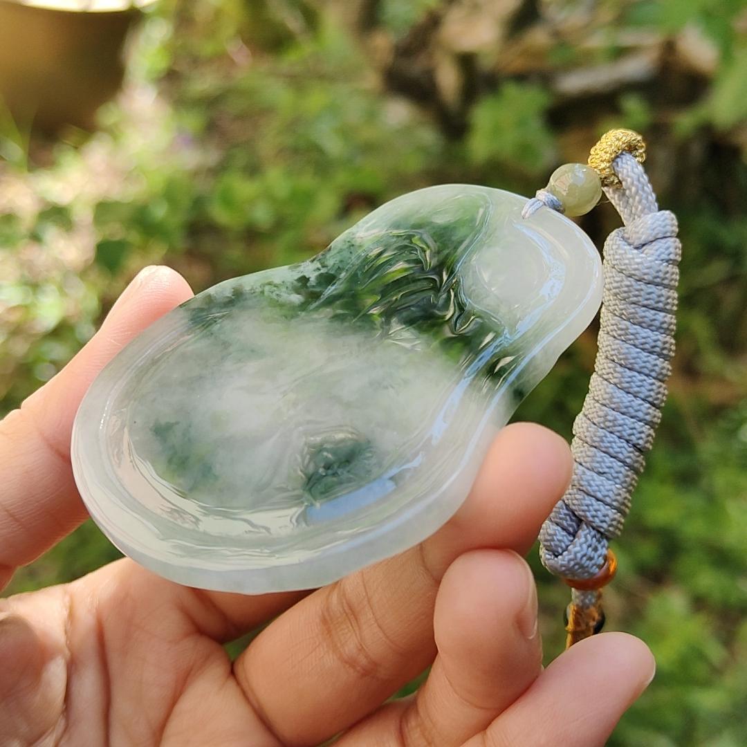 Premium Rare Semi Icy Natural Type A Jadeite crafted with Scenery and Laughing Buddha, certificate included weigh 51.59 grams, 71.8 * 53.1 * 7.5 mm, collector item, (pendant51), Yi Pin Qian