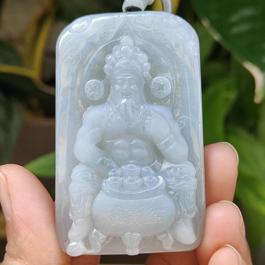 Fortune God with Heng Ong Huat Type A Natural Jadeite Jewelry Pendant with NGI Gemstone report pendant weight 56.18 gram , 59.45 * 37.1 * 10.26 mm - Translucent faint greenish blue (pendant141) Yi Pin Qian