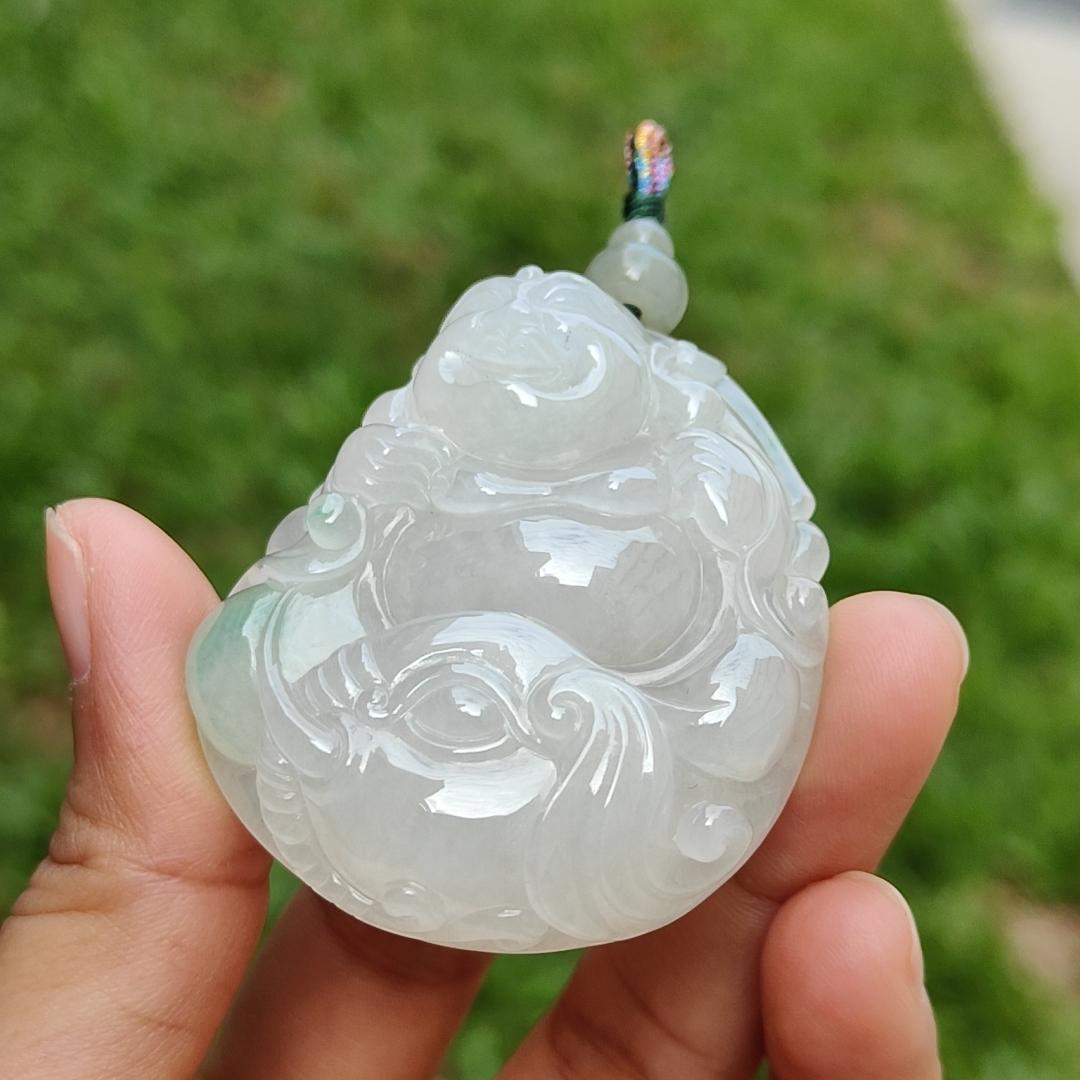 Crafted with Budai Laughing Buddha, Elephant and Ruyi Premium Semi Icy Natural Type A Jadeite with green patches Pendant Necklace with certificate weigh 45.38 grams, 50.5 * 44 * 12.3 mm (pendant160) Yi Pin Qian