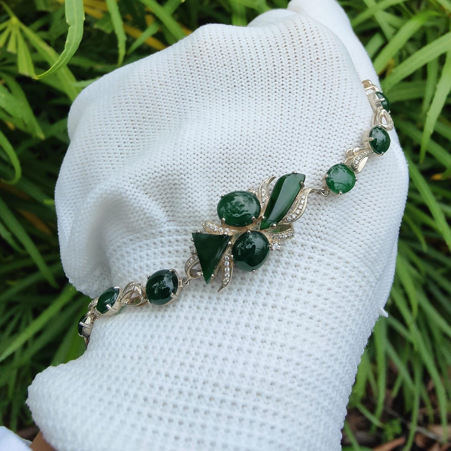 10 Dark Green Multi Shapes Cabochons crafted on Natural Type A Jadeite Jade set with High quality S925 as Bracelet, certificate weighs 7.66 grams (s925b6) Yi Pin Qian Jadeites Jade Jewelry ~Your Precious Quintessential ~ Singapore