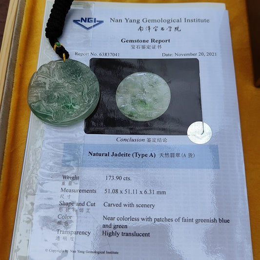 Natural Type A Jadeite carved with beautiful scenery - [51.08 * 51.11 * 6.31 mm] - Weight = 173.9 grams , premium pendant - Highly Translucent , faint greenish blue and green , NGI Certification (pendant155) Yi Pin Qian