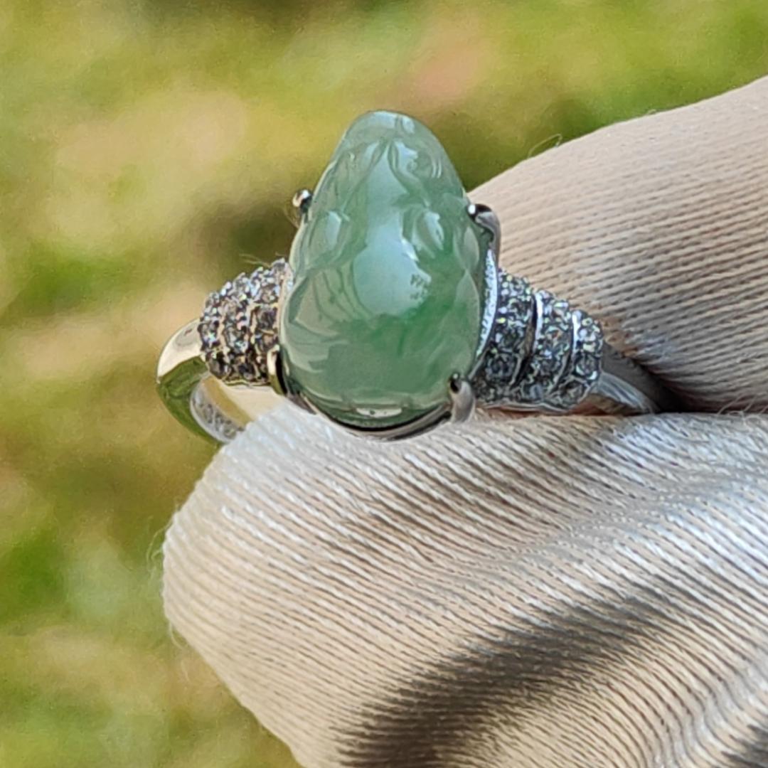 Icy Light Green with green patches Natural Type A Jadeite Jade crafted as Pixiu set on S925 adjustable as Ring with certificate weigh 2.68 grams, measurement 10.5 * 7.7 * 4.6 mm (s925ring7) Yi Pin Qian