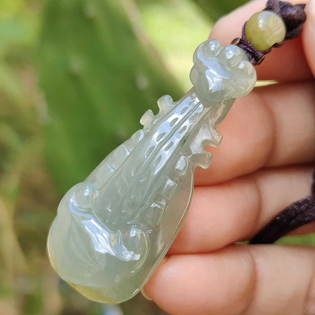Semi Icy Rare Yellow and Green Natural Type A Jadeite Jade crafted as Ruyi musical instrument pipa as Pendant with certificate weigh 9.08 grams, measurement 45.3 * 18.7 * 6.6 mm (pendant226) Yi Pin Qian